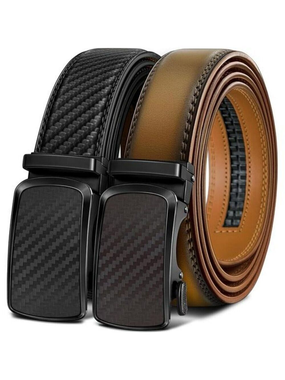 Men's Leather Ratchet Belts 2 Pack Adjustable No Holes Dress Belts Gift Set